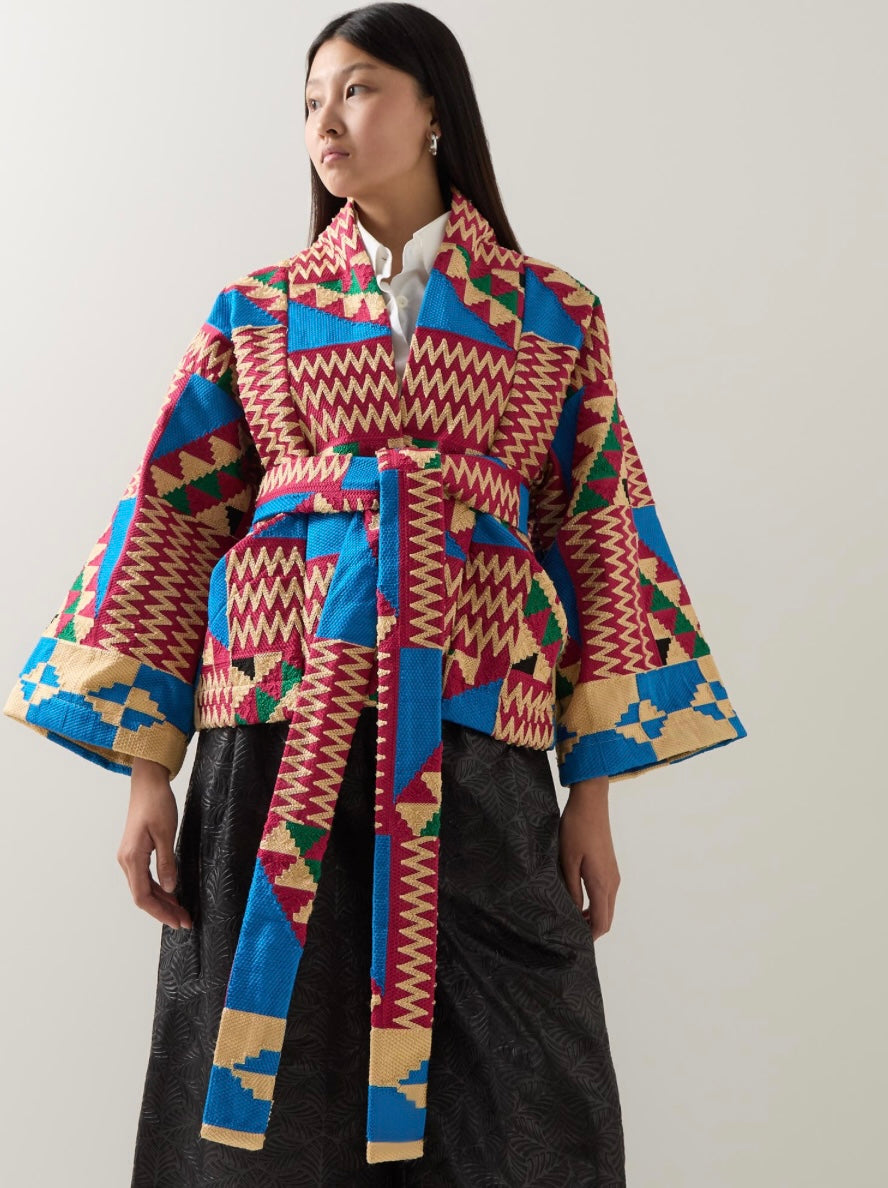 Legacy Kimono Jacket – Handwoven Royal Kente Kimono | Emerald & Wax